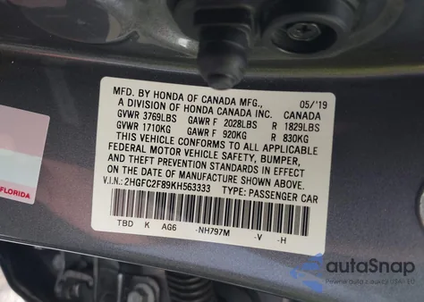 2019 Honda Civic Sport из США, поврежденный, VIN 2HGFC2F89KH563333